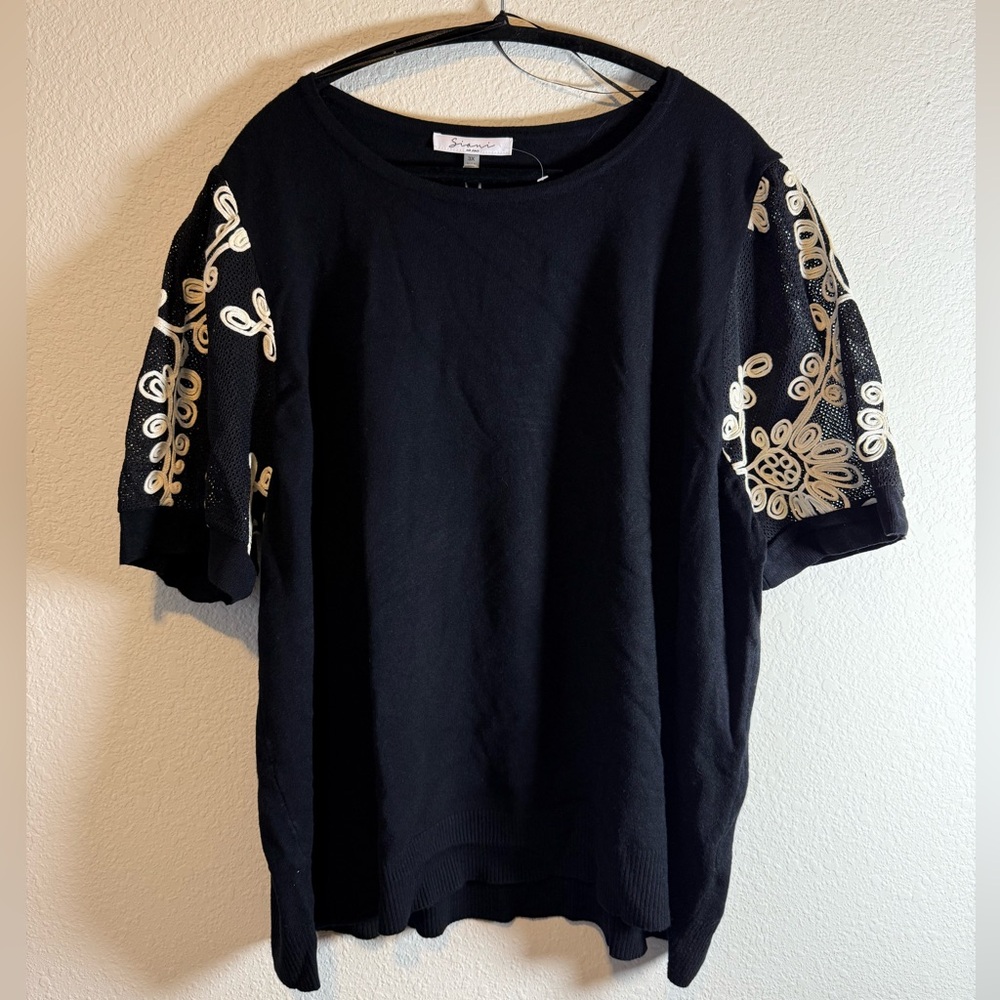 Sioni Black Knit Top 3X NWT Mesh Embroidered Sleeves Plus Size Chic
